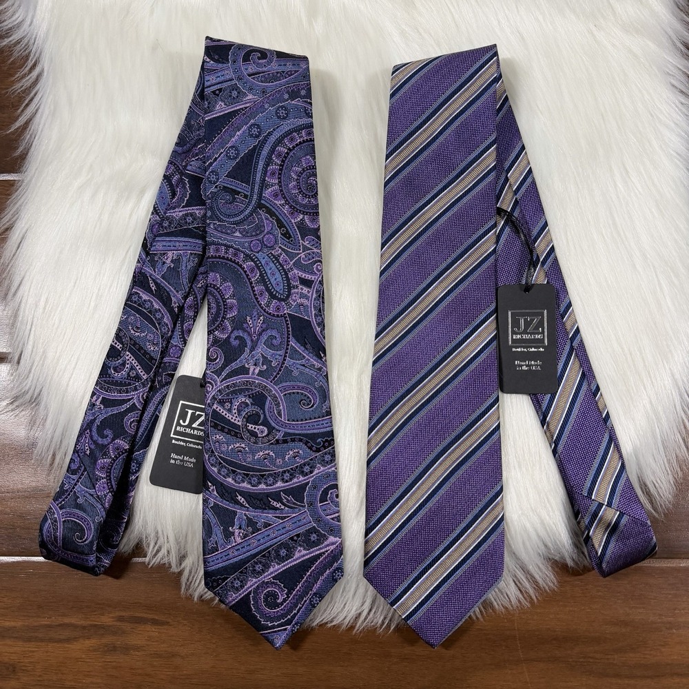 Lot of 2 Ties JZ Richards Men's 100% Silk Tie Purple Paisley Patterned & Striped
